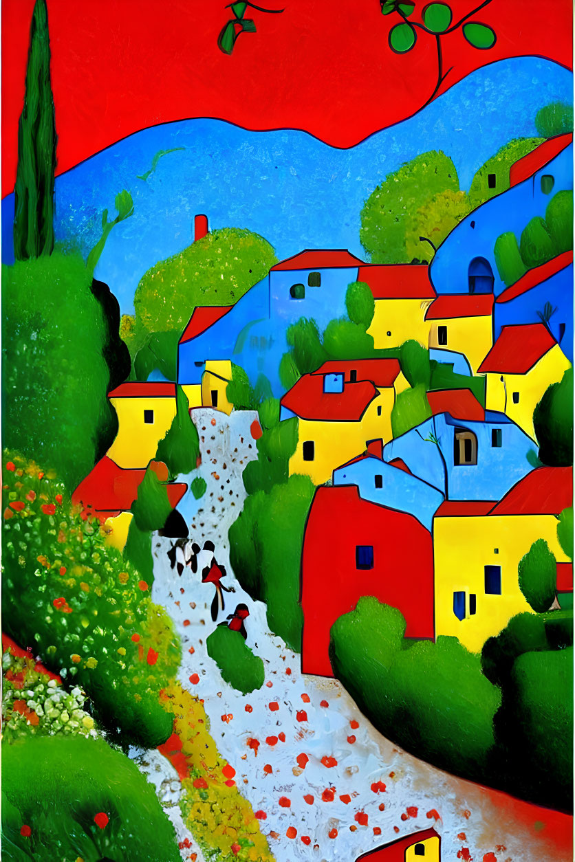 Colorful Artwork of Stylized Village with Blue Roofs and Greenery