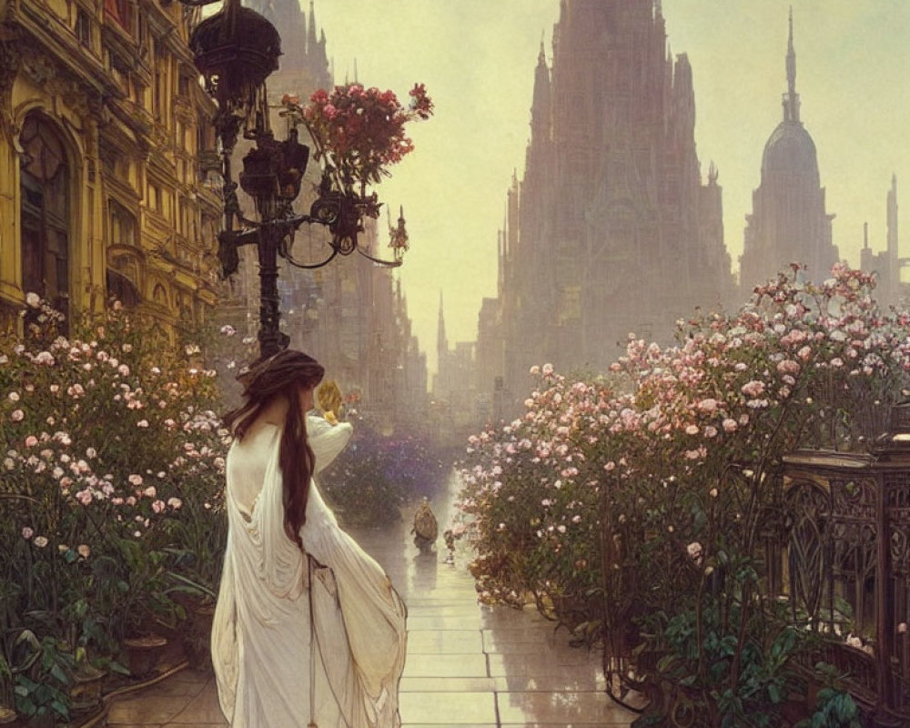 Woman in flowing dress on ornate street with gothic buildings