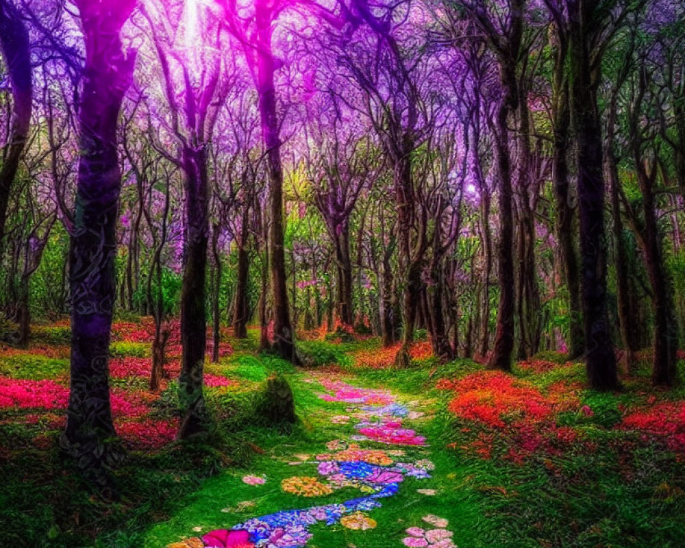 Colorful woodland scene with sunbeam, purple trees, and flower pathway