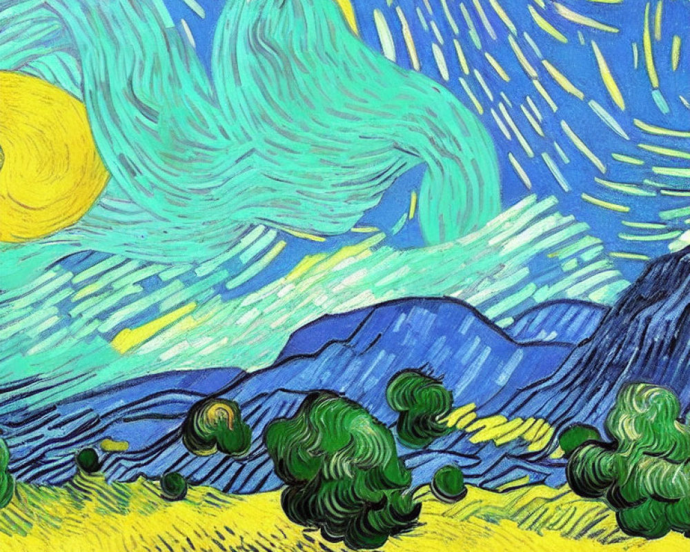 Colorful swirling starry sky with moon, mountains, trees, and yellow field