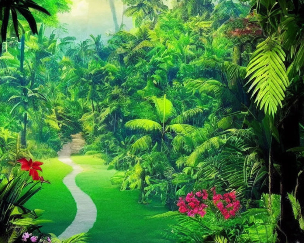 Lush Green Tropical Jungle with Curving Path & Colorful Flowers