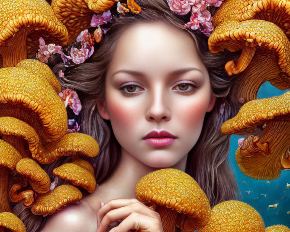 Surreal portrait of woman's face with yellow mushrooms and pink flowers on blue background