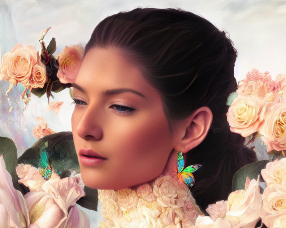 Woman surrounded by flowers and butterflies radiating serenity and beauty