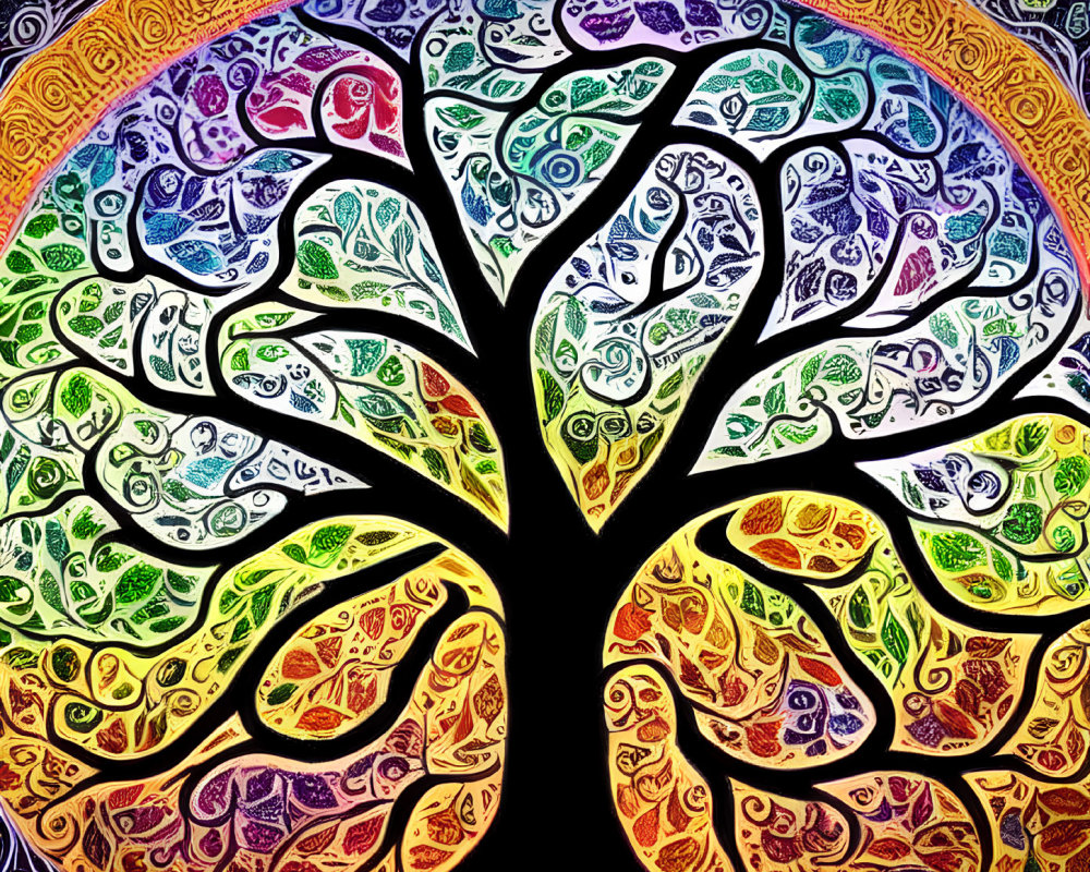 Vivid Celtic knot tree with colorful leaves on black background