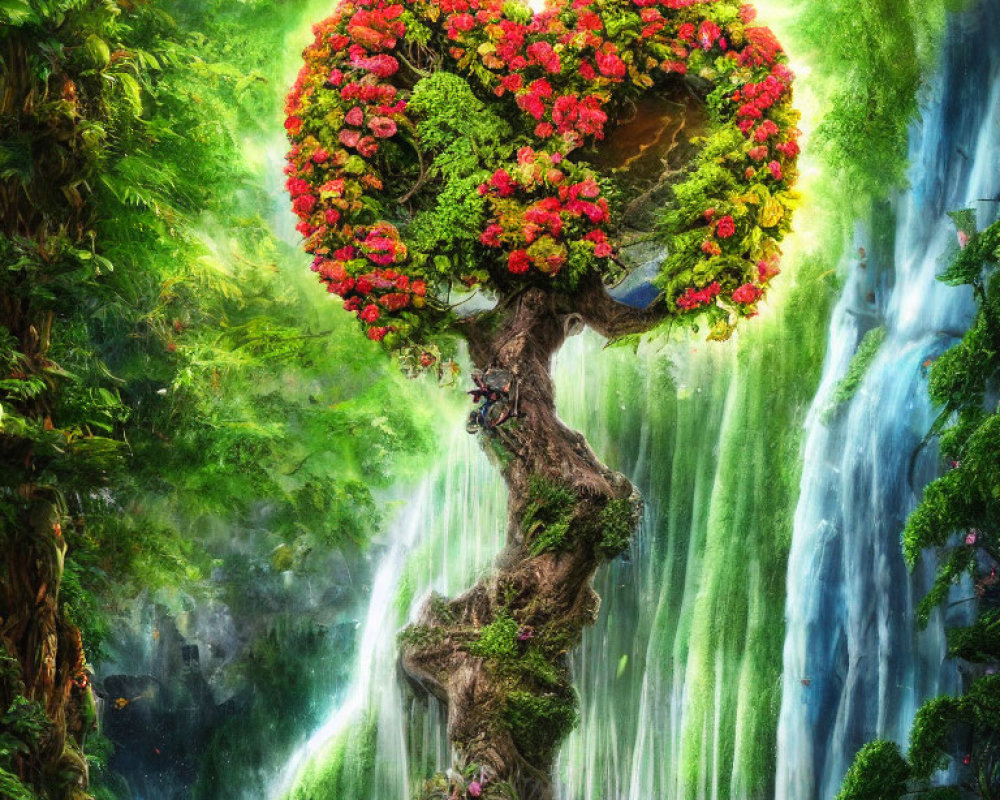 Fantasy tree with heart-shaped red flower canopy near waterfall