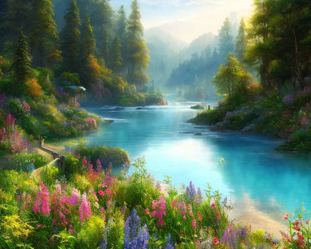 Tranquil Landscape with Blue River and Lush Greenery