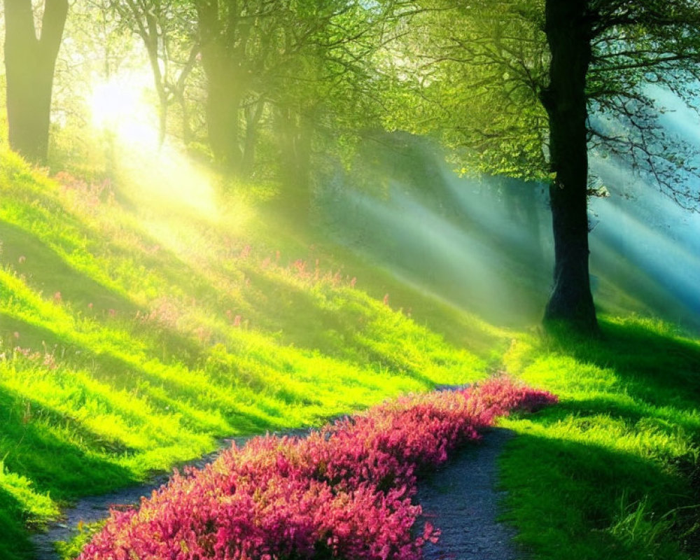 Sunlight-dappled woodland path with pink flowers & lush green grass