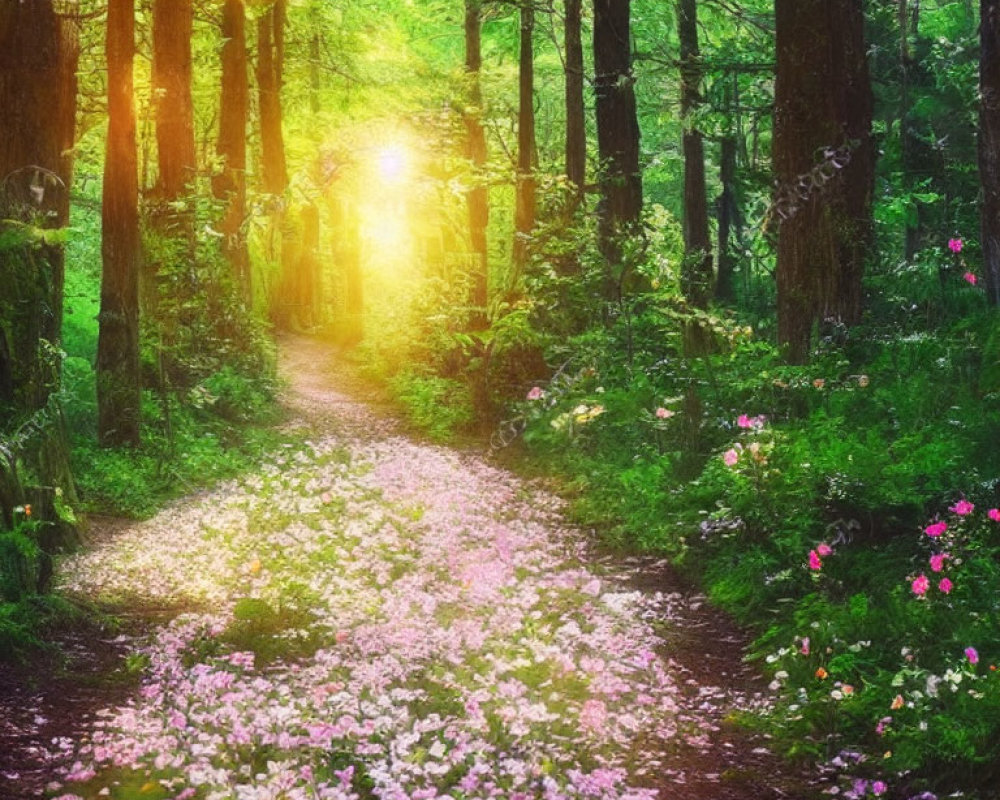 Forest Path at Sunset with Pink and White Flowers