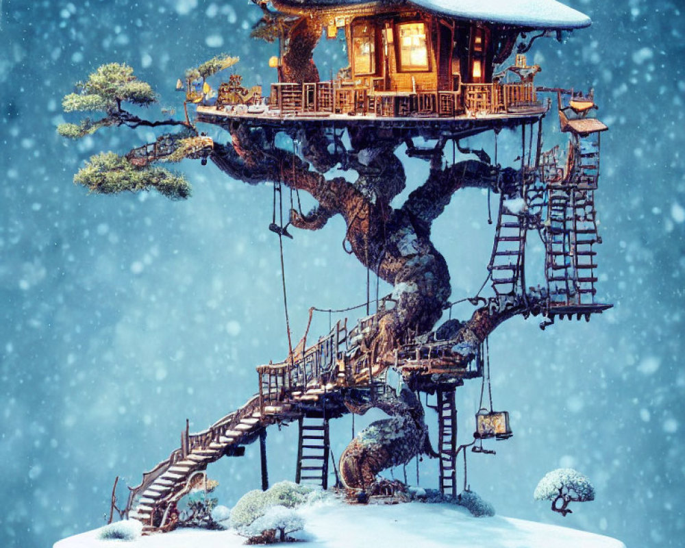 Snow-covered bonsai tree with illuminated treehouse in serene snowfall