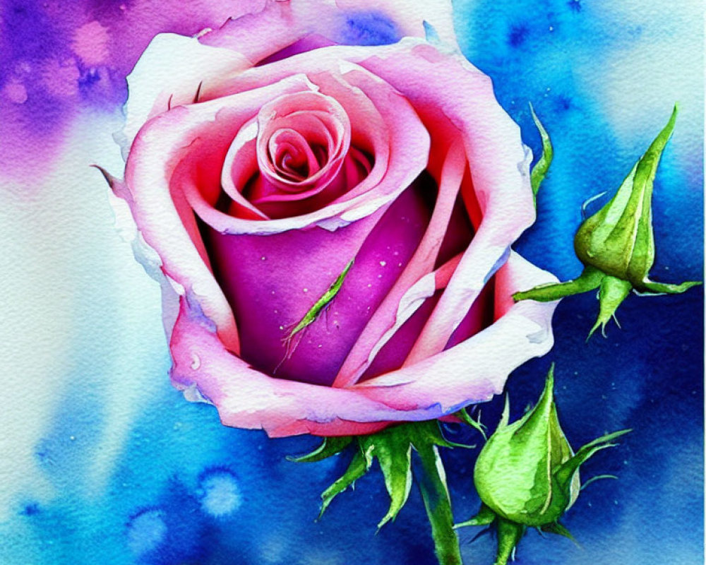 Colorful Watercolor Painting of Pink Rose with Blue and Purple Surroundings