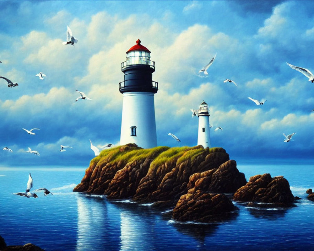 Scenic lighthouse on grassy islet in serene sea under cloudy sky