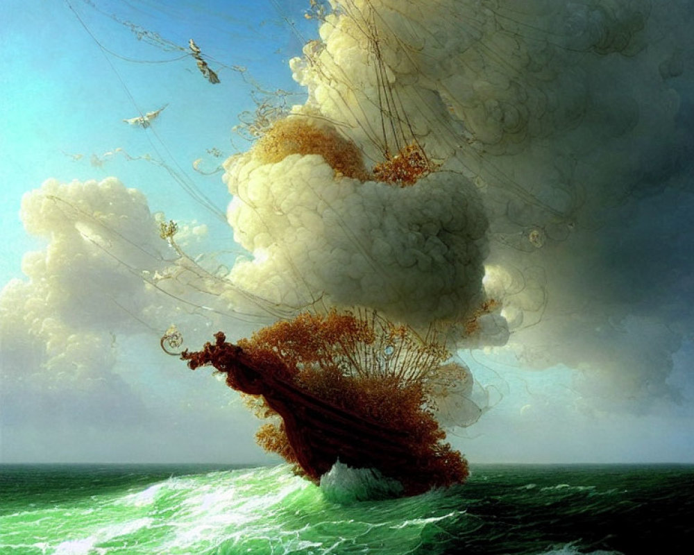 Surreal ship with tree branch sails in cloudy sky above stormy sea