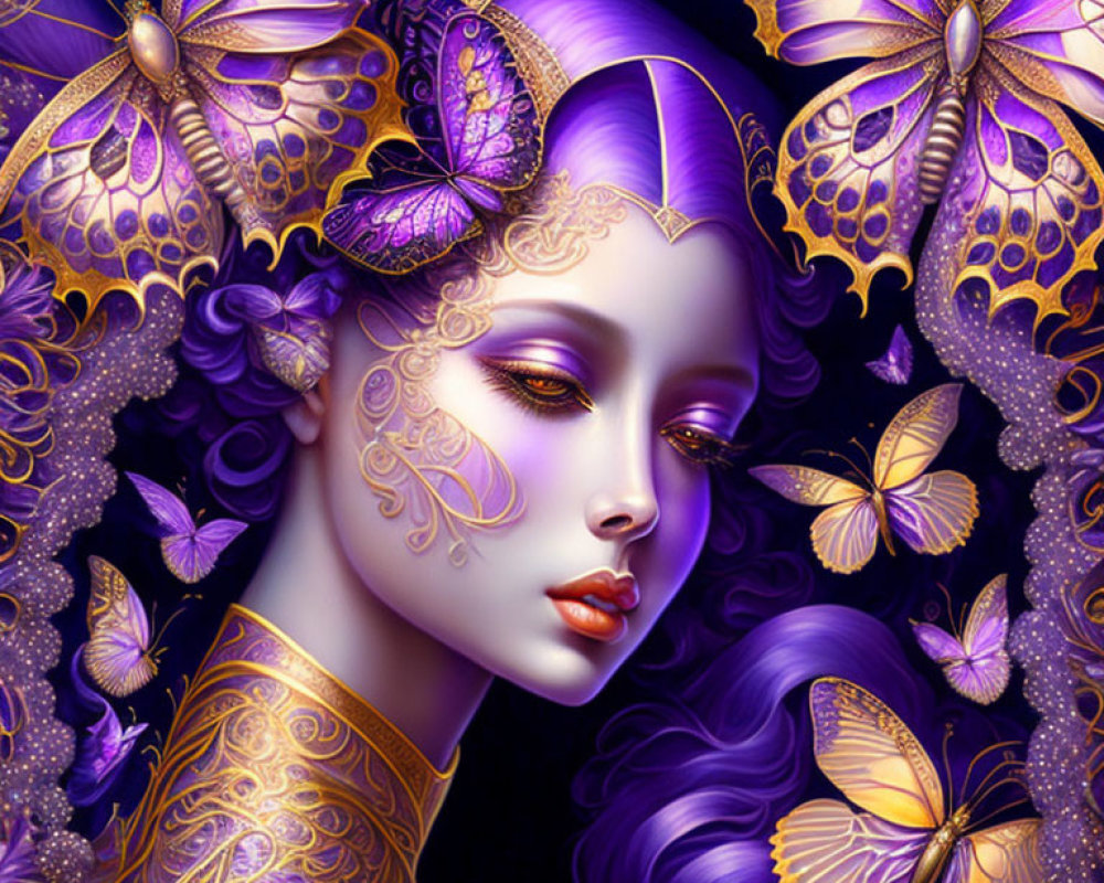 Stylized image of woman with purple hair and golden adornments surrounded by vibrant butterflies