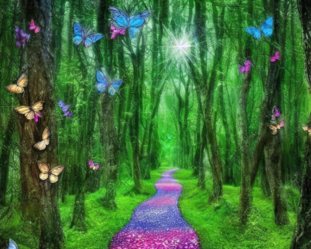 Moss-covered forest path with purple petals, sunlight, and butterflies