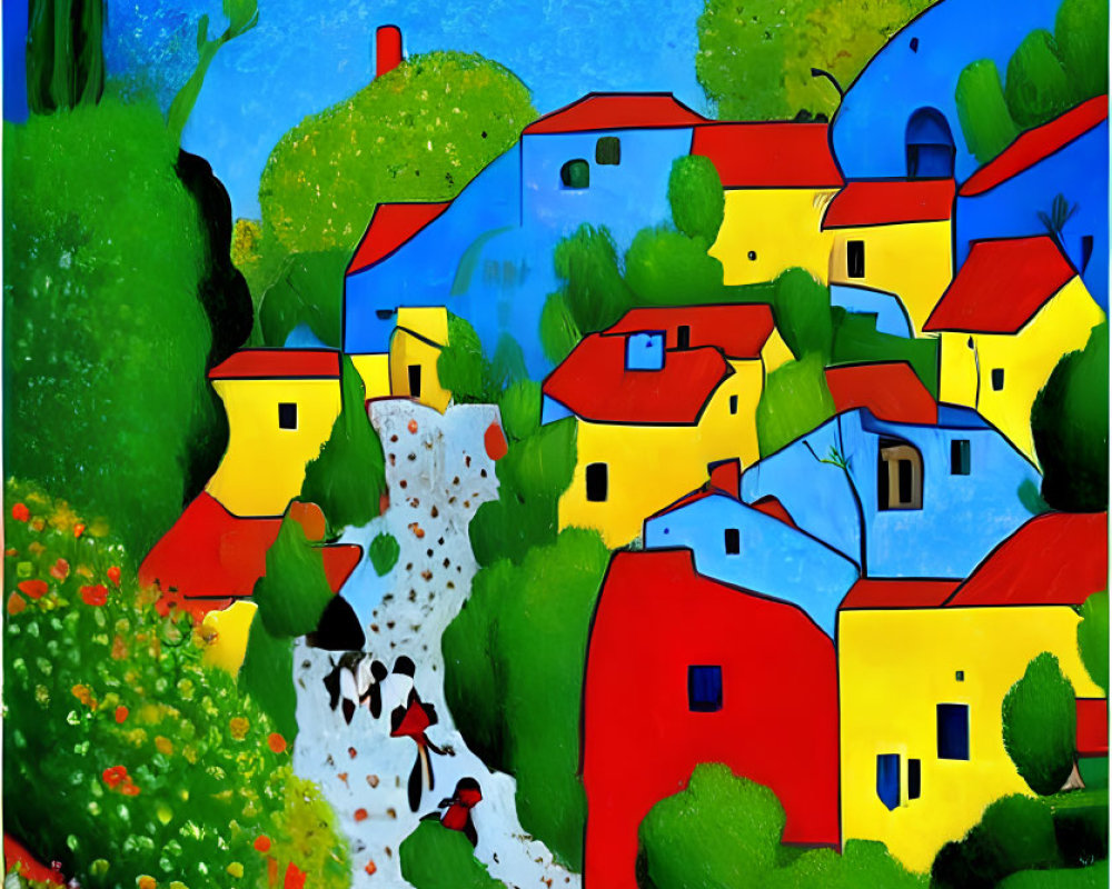 Colorful Artwork of Stylized Village with Blue Roofs and Greenery