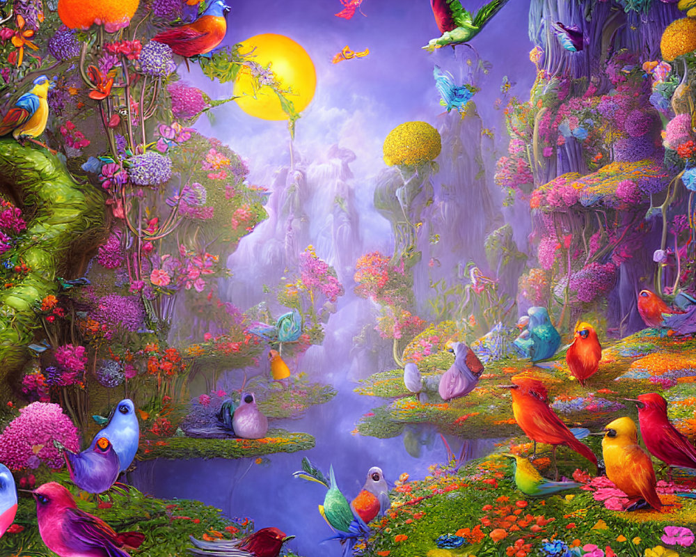 Colorful birds, floating islands, and lush flora in dreamy landscape