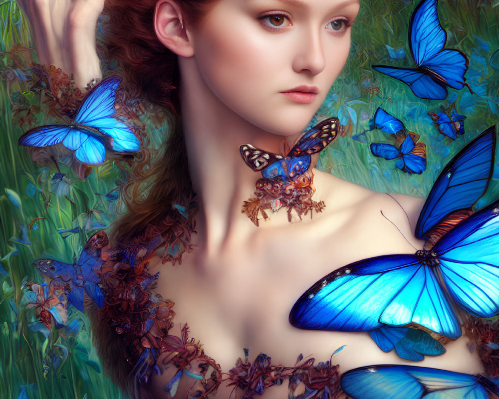 Red-haired woman with blue butterflies in green setting