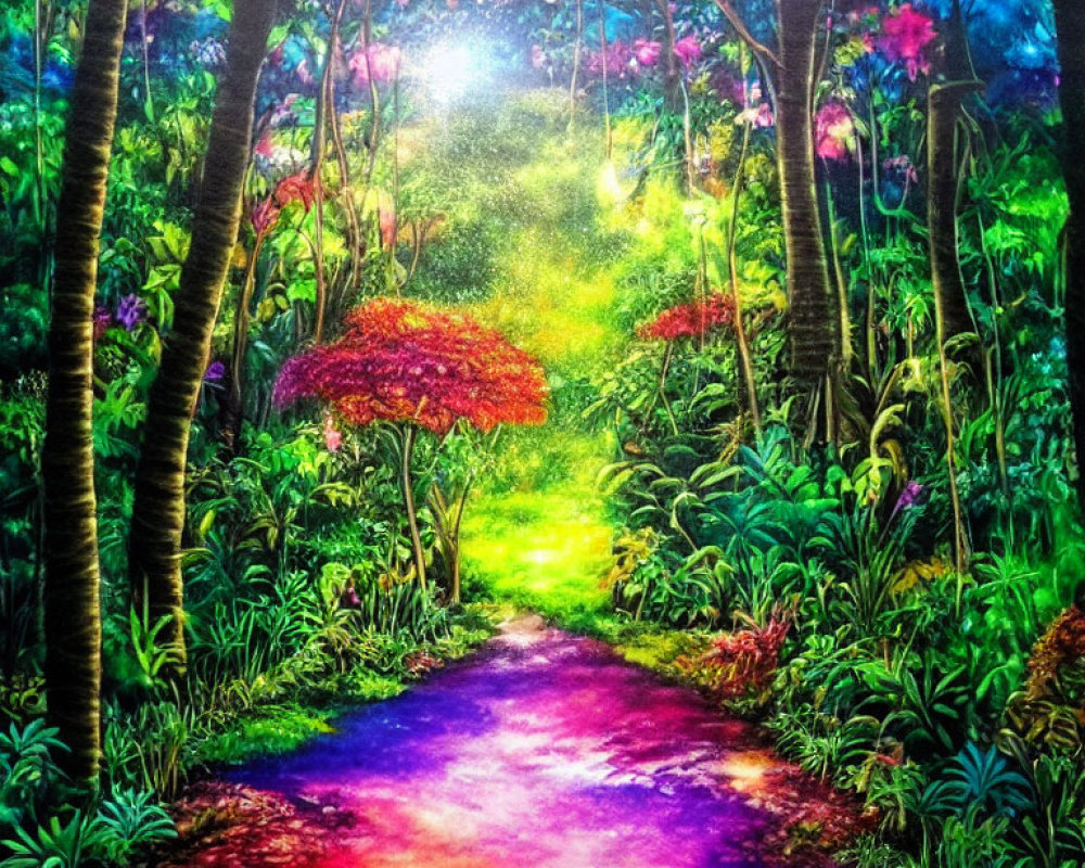 Lush forest pathway with vibrant colors and sunlight rays