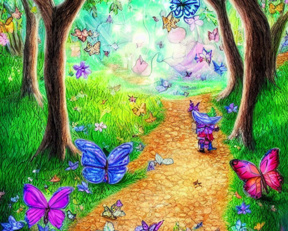 Colorful Butterfly Forest Path Illustration: Vibrant, Whimsical, and Fairy-Tale Theme