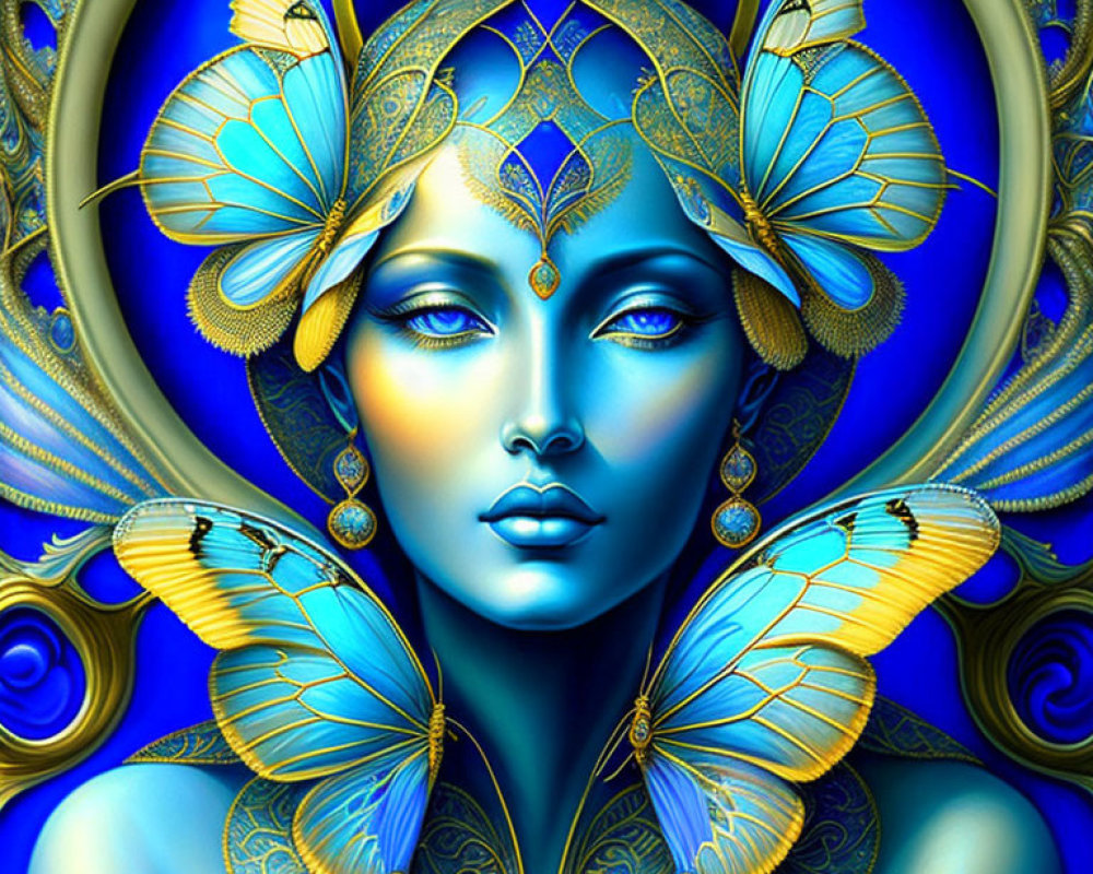 Digital artwork: Woman with blue skin and golden jewelry, butterfly motifs, vivid blue background