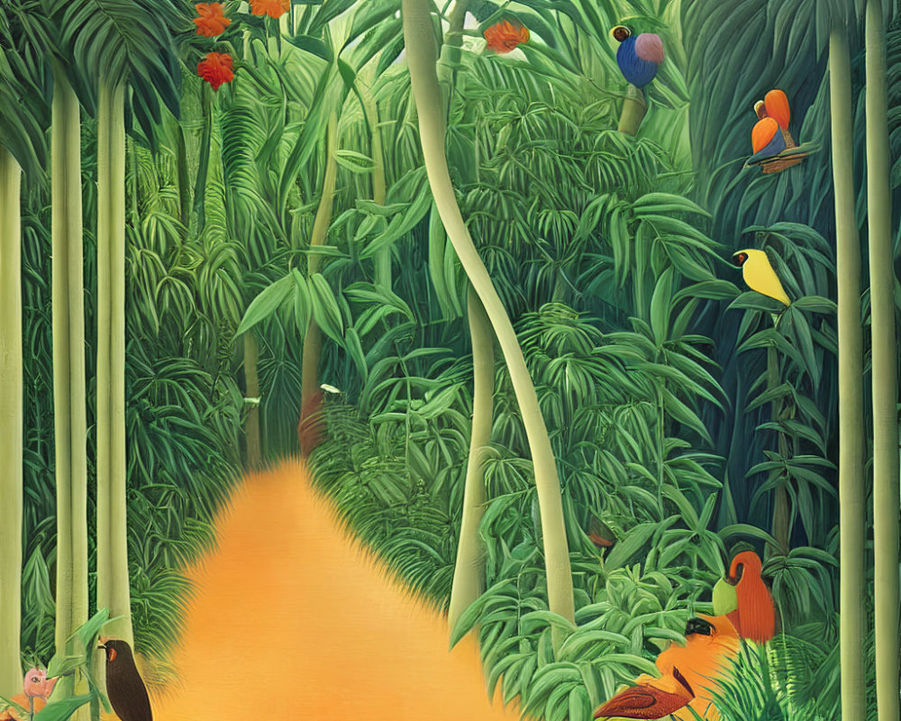 Colorful Jungle Scene with Orange Path, Birds, Flowers, and Hidden Monkey