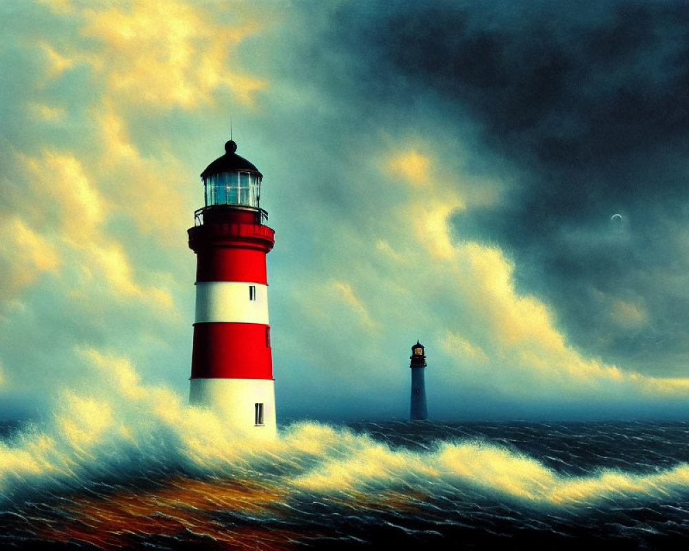 Red and White Lighthouse in Stormy Sea with Crescent Moon