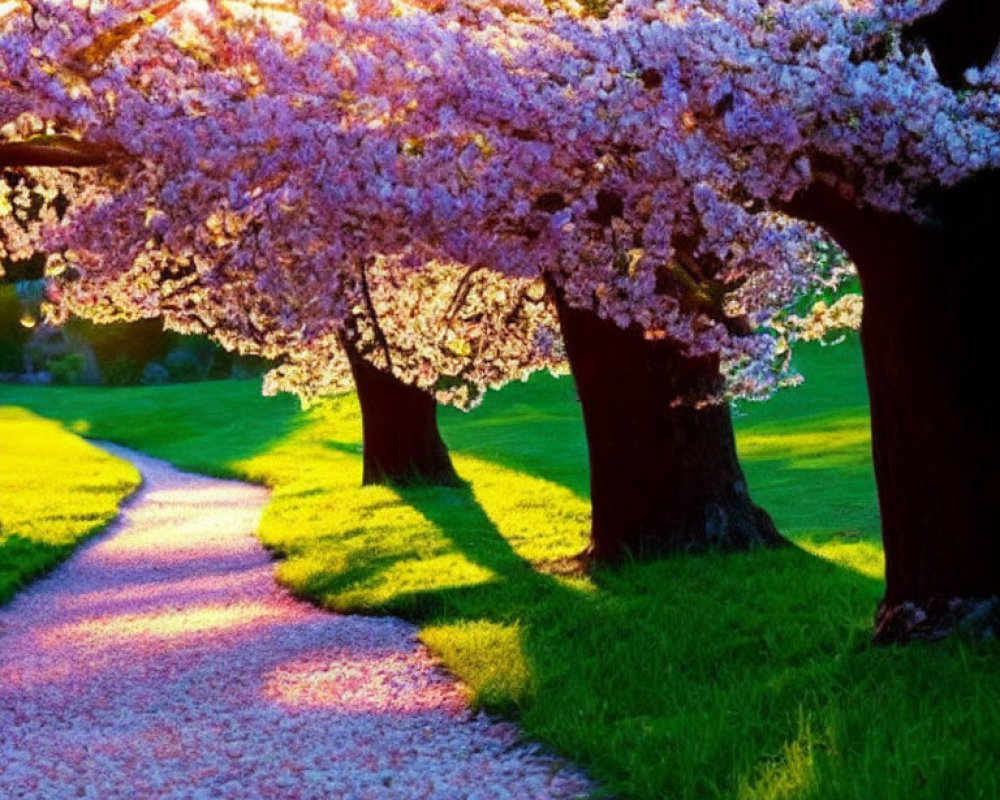 Tranquil pathway with pink cherry blossom trees and sunlight filtering through branches