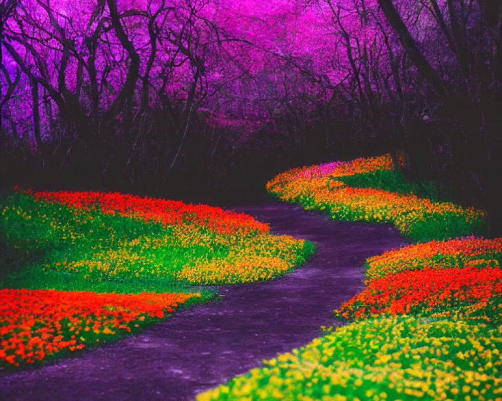 Colorful Forest Path with Purple Foliage and Red Flowers