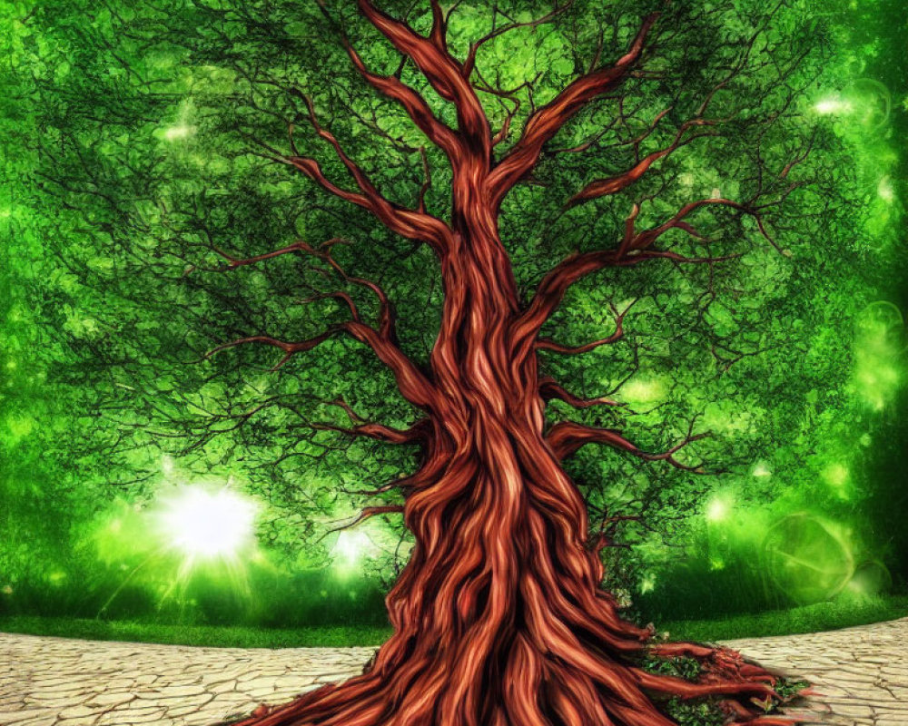 Majestic red tree with dense green canopy in enchanted forest setting