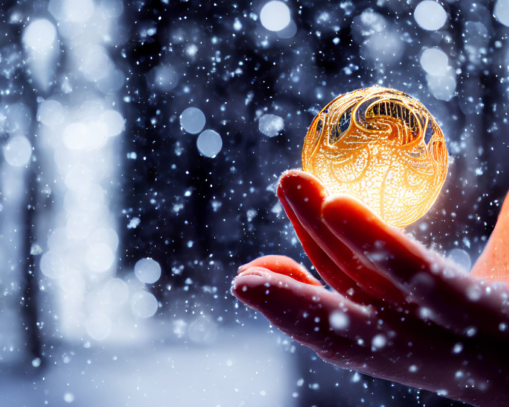 Glowing intricate orb held in hand amidst falling snowflakes