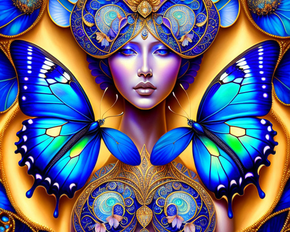 Symmetrical artwork with woman's face, ornate jewelry, and blue butterflies