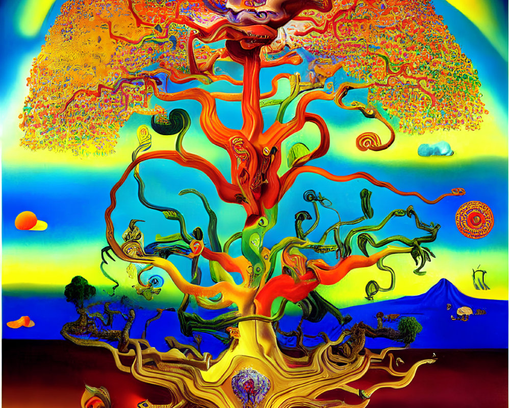 Colorful psychedelic tree with abstract branches and faces in bark