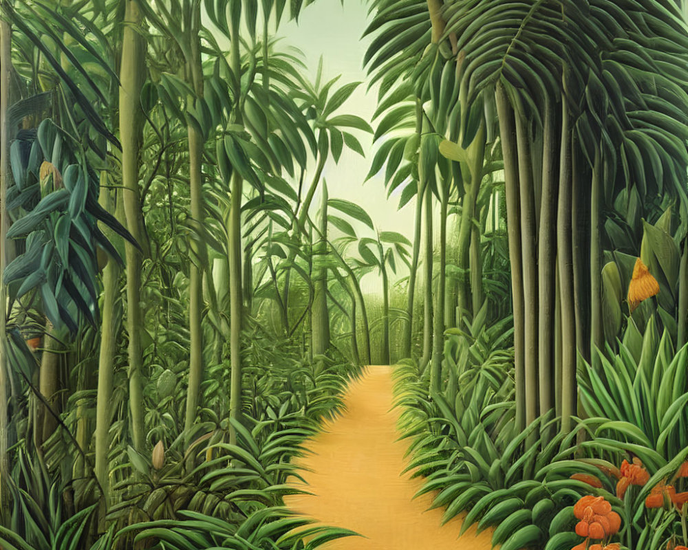 Lush Jungle Path with Dense Green Foliage and Vibrant Orange Flowers