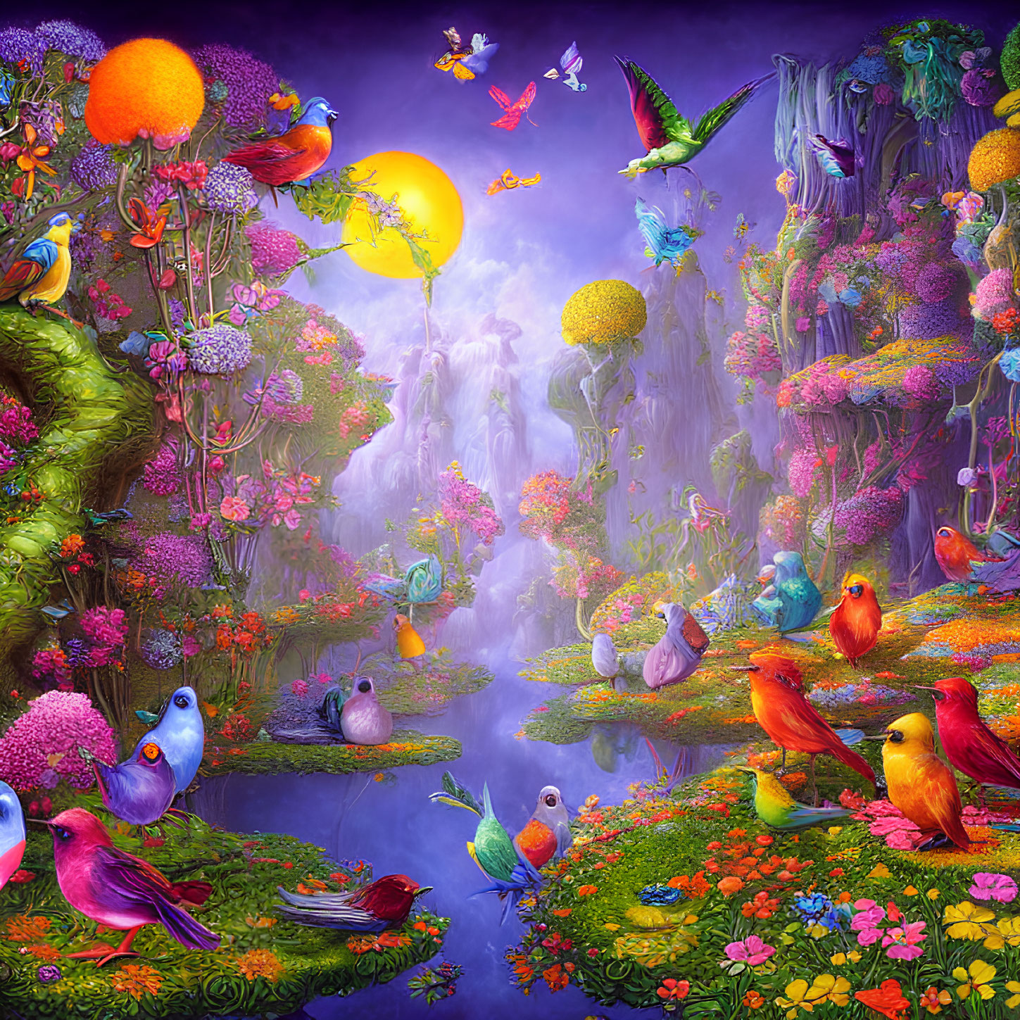 Colorful birds, floating islands, and lush flora in dreamy landscape