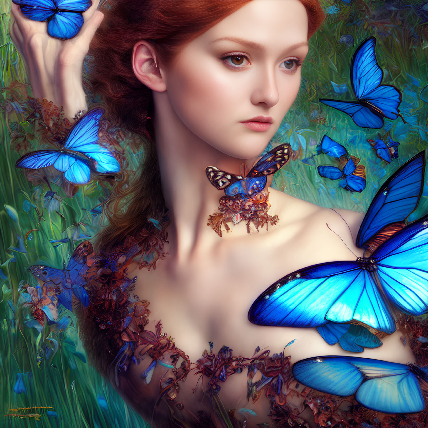 Red-haired woman with blue butterflies in green setting