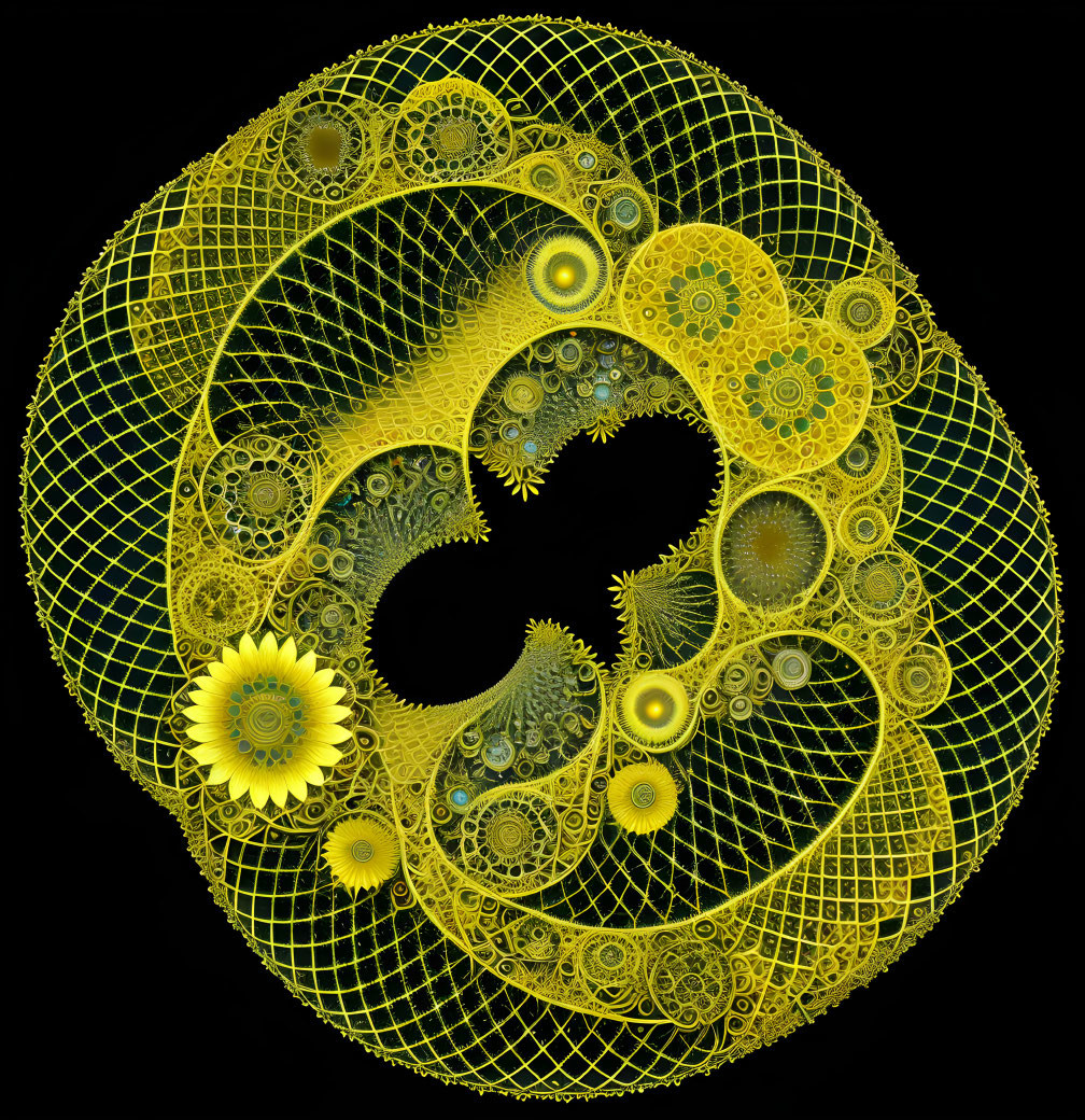 Intricate Yellow Fractal Design on Black Background