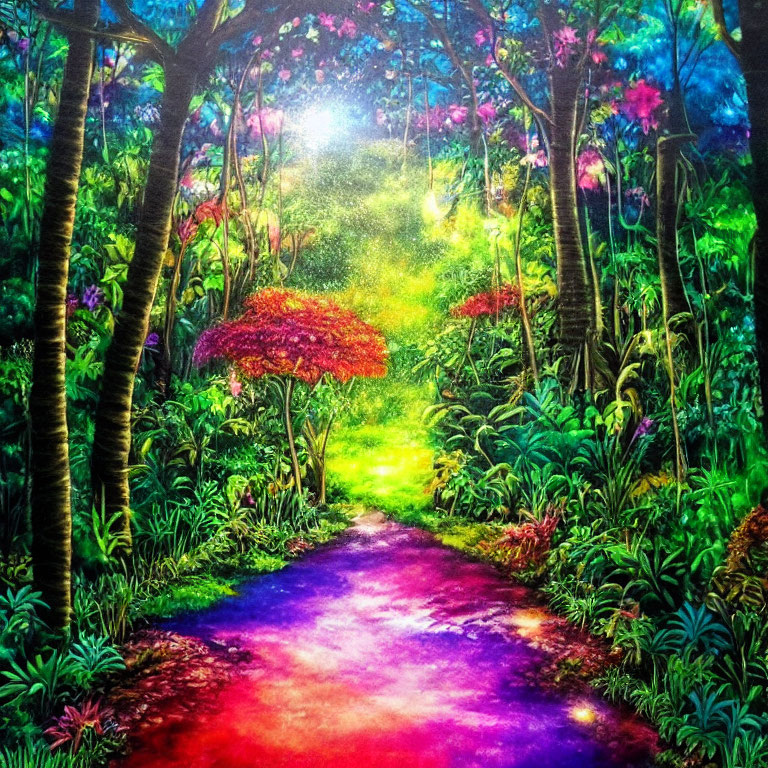 Lush forest pathway with vibrant colors and sunlight rays