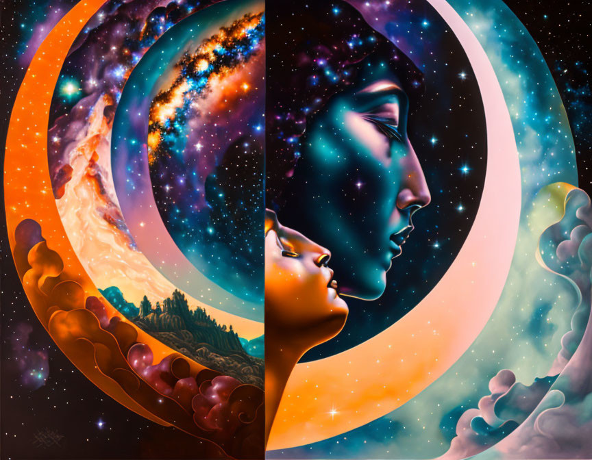 Dual-profile cosmic and earthly yin-yang illustration with surreal nature elements