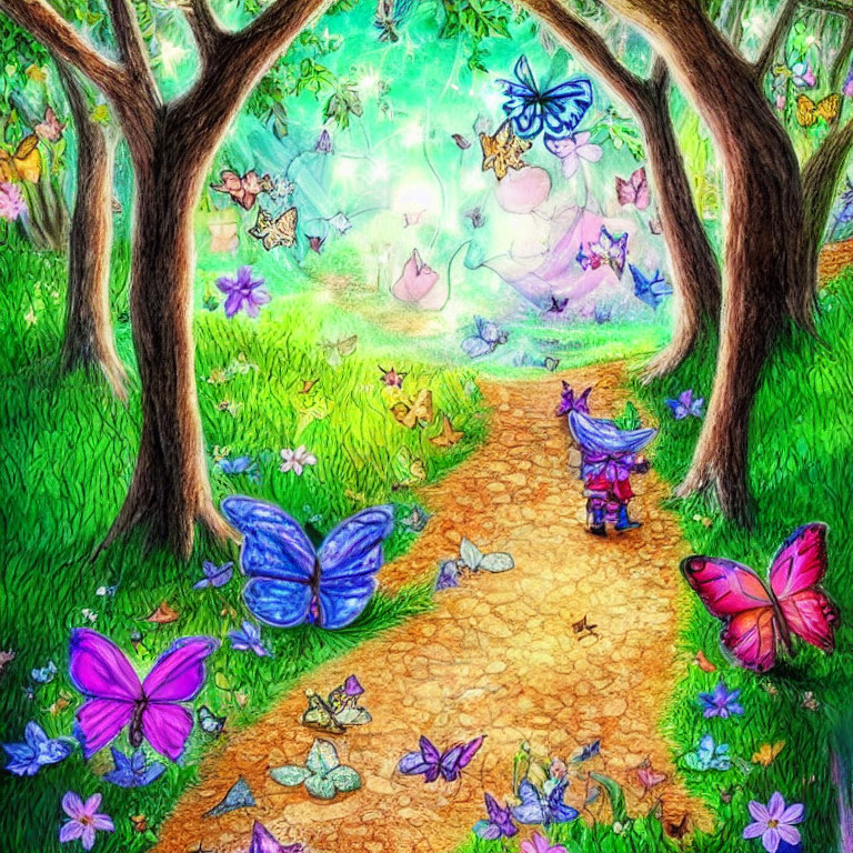 Colorful Butterfly Forest Path Illustration: Vibrant, Whimsical, and Fairy-Tale Theme