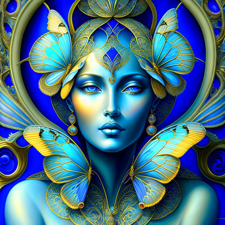 Digital artwork: Woman with blue skin and golden jewelry, butterfly motifs, vivid blue background