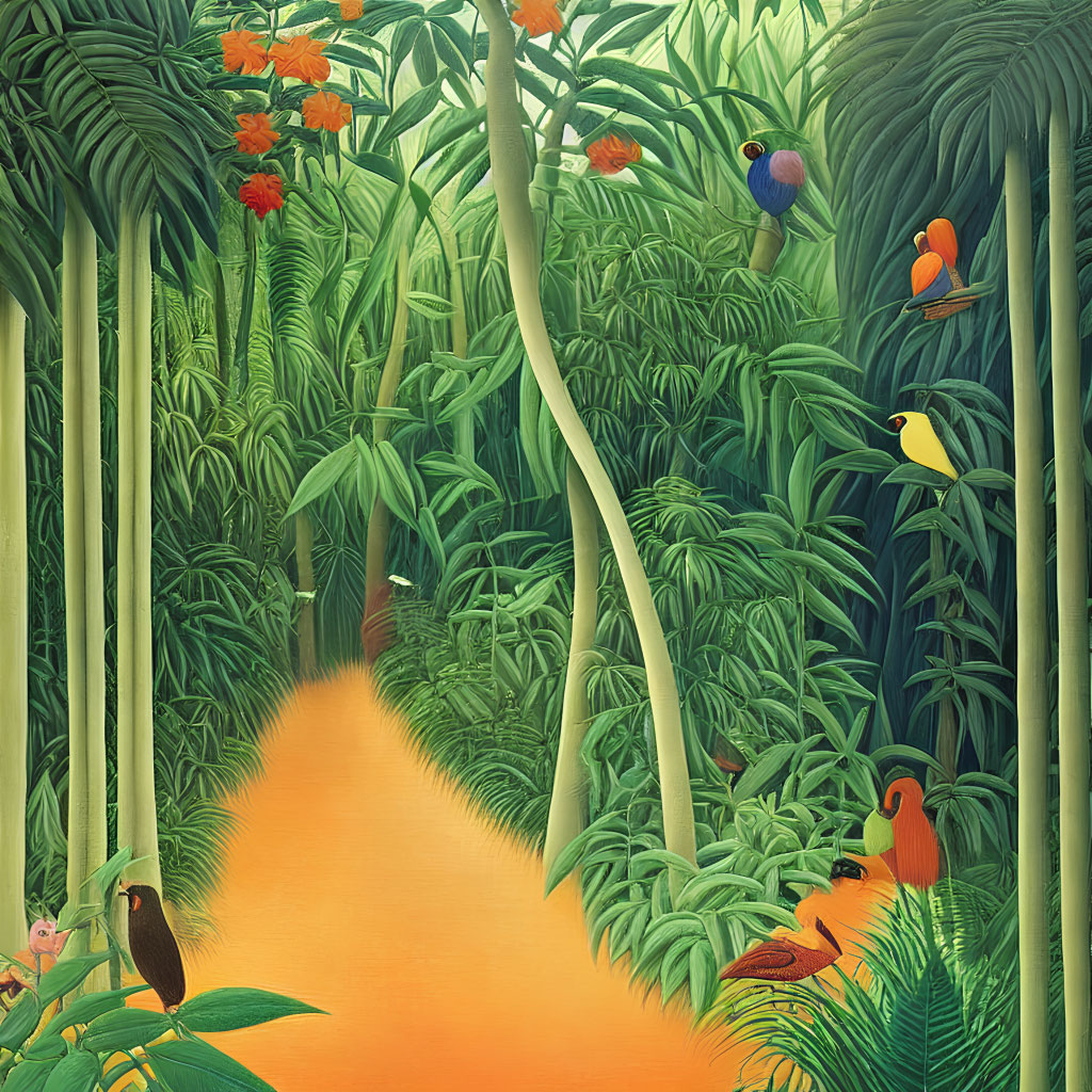 Colorful Jungle Scene with Orange Path, Birds, Flowers, and Hidden Monkey