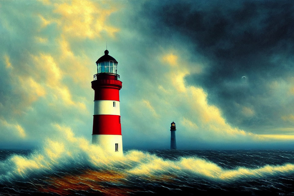 Red and White Lighthouse in Stormy Sea with Crescent Moon