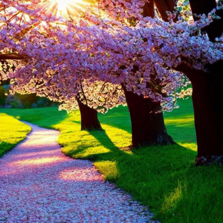 Tranquil pathway with pink cherry blossom trees and sunlight filtering through branches