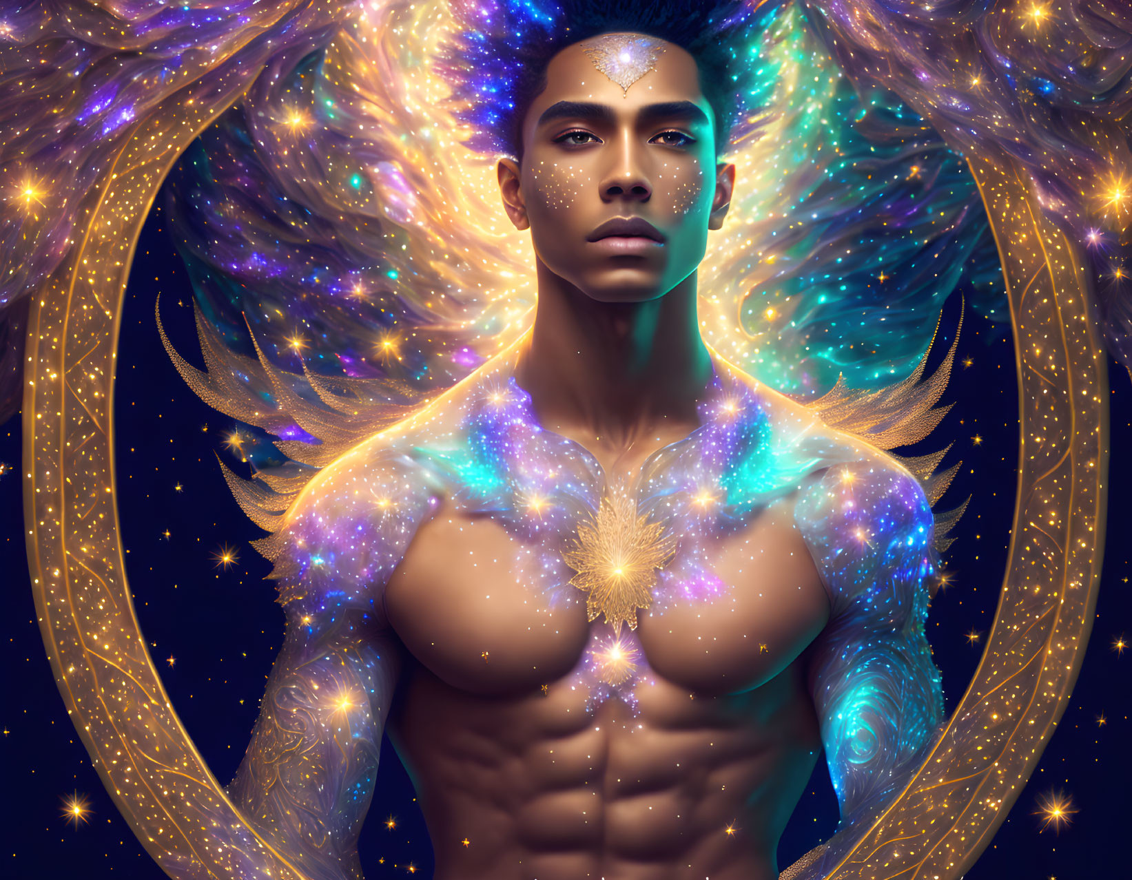 Cosmic-themed digital artwork of a man with celestial wings and glowing stars