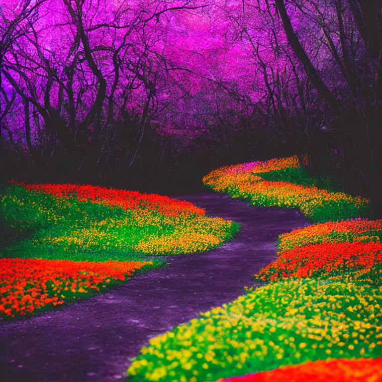 Colorful Forest Path with Purple Foliage and Red Flowers