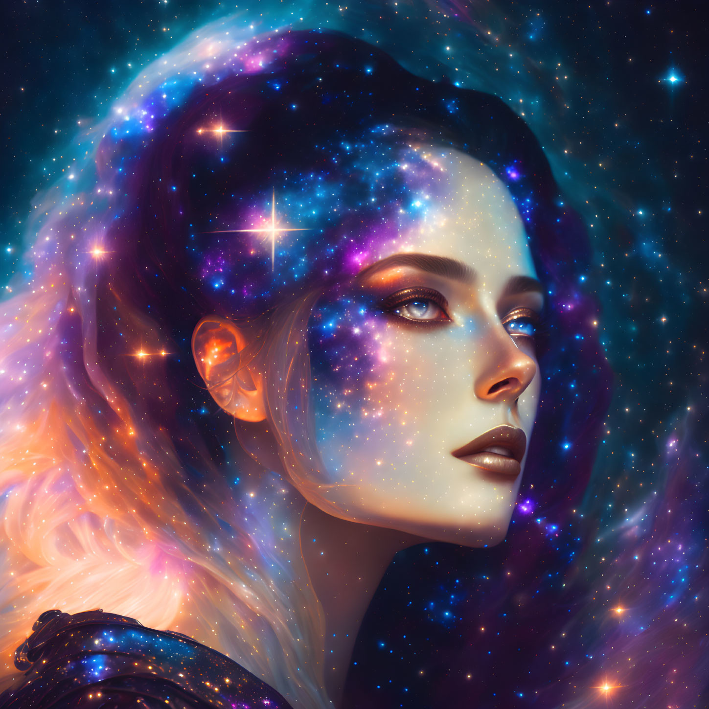 Digital portrait of woman with cosmic galaxy theme blending into face and hair