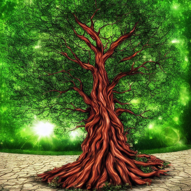 Majestic red tree with dense green canopy in enchanted forest setting