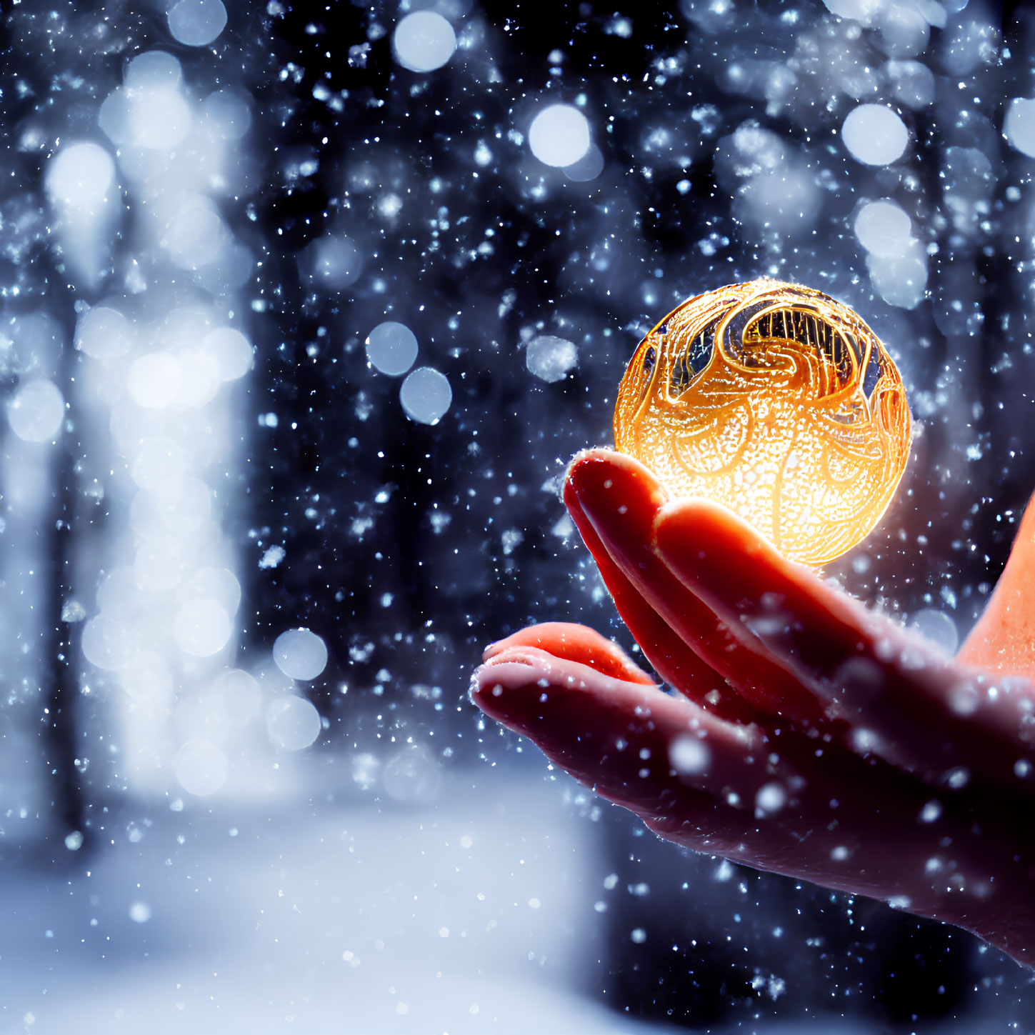 Glowing intricate orb held in hand amidst falling snowflakes