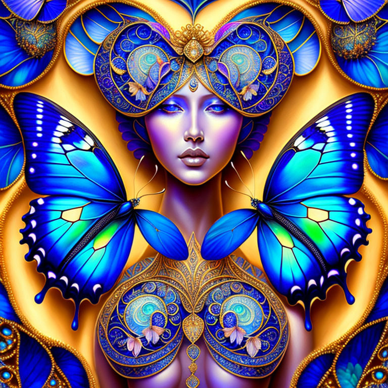 Symmetrical artwork with woman's face, ornate jewelry, and blue butterflies