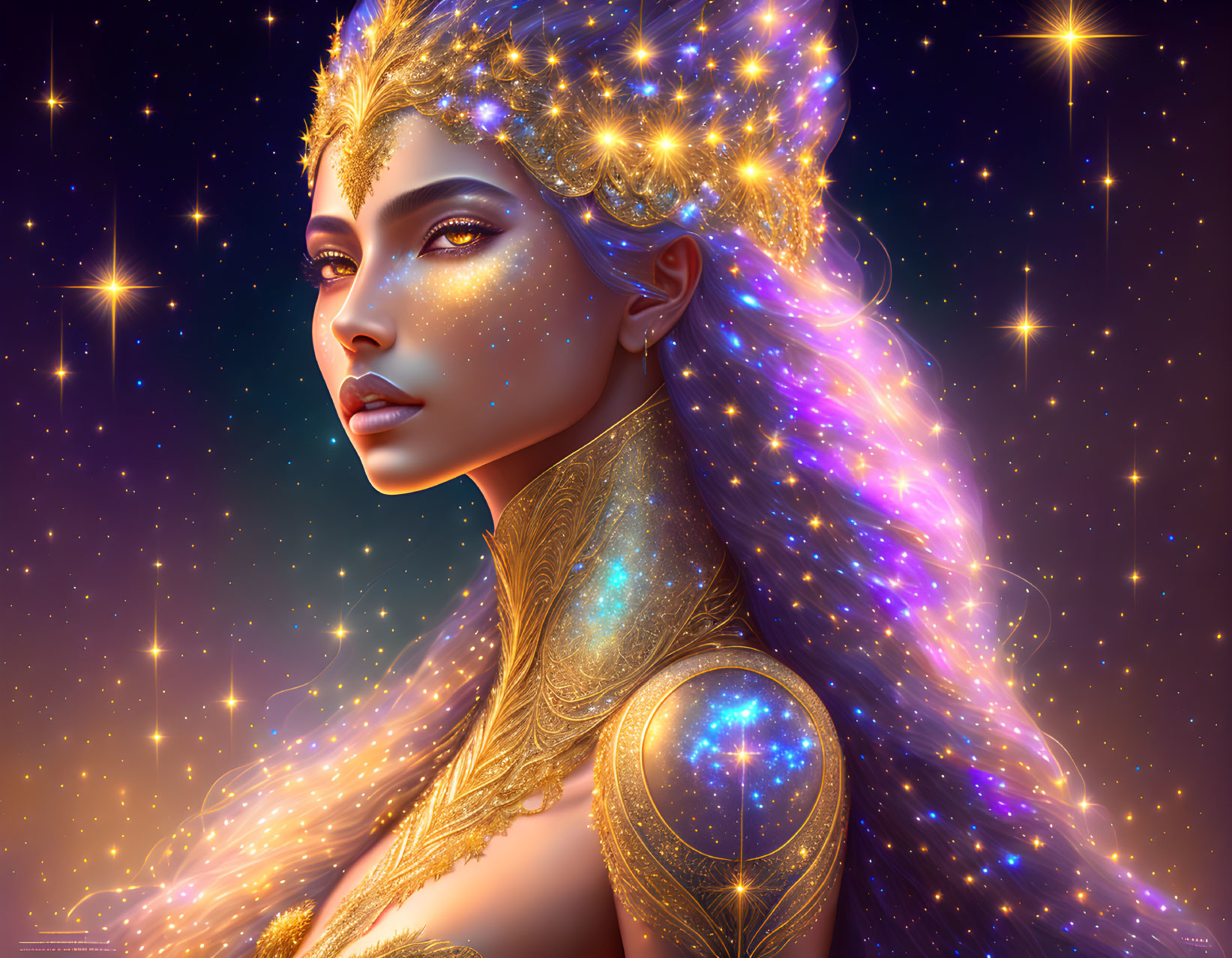 Digital art portrait of a woman in golden armor with starry hair against celestial backdrop.